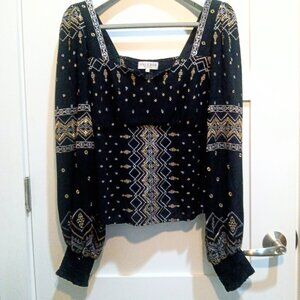 HALE BOB Black Embroidered Gold Silver Square Neck Grecian Peasant Blouse